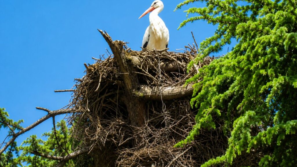 Cigüeñas y cotorras conviven en una llamativa escena de naturaleza urbana en Alcalá de Henares 1 ciguena nido cotorra