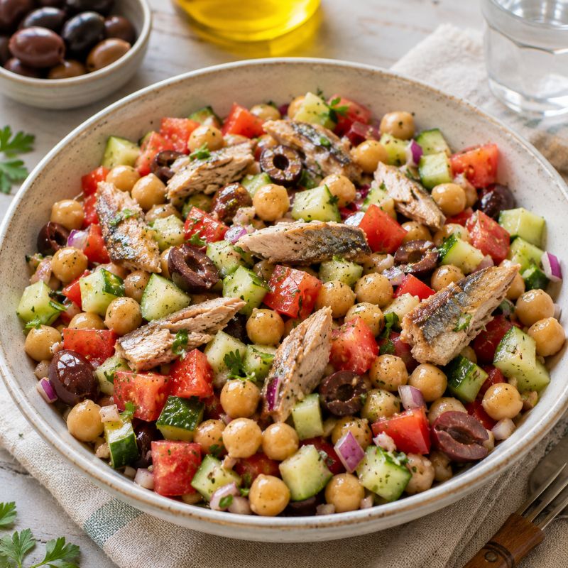 Ensalada de garbanzos con tomate pepino aceitunas y caballa