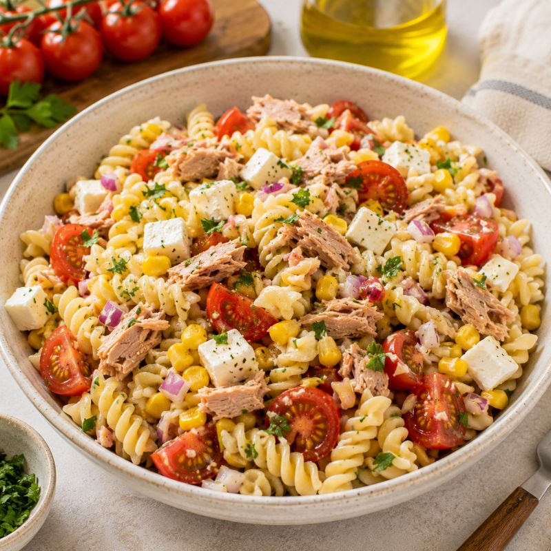 Ensalada de pasta fría con huevo, maíz, queso fresco y atún