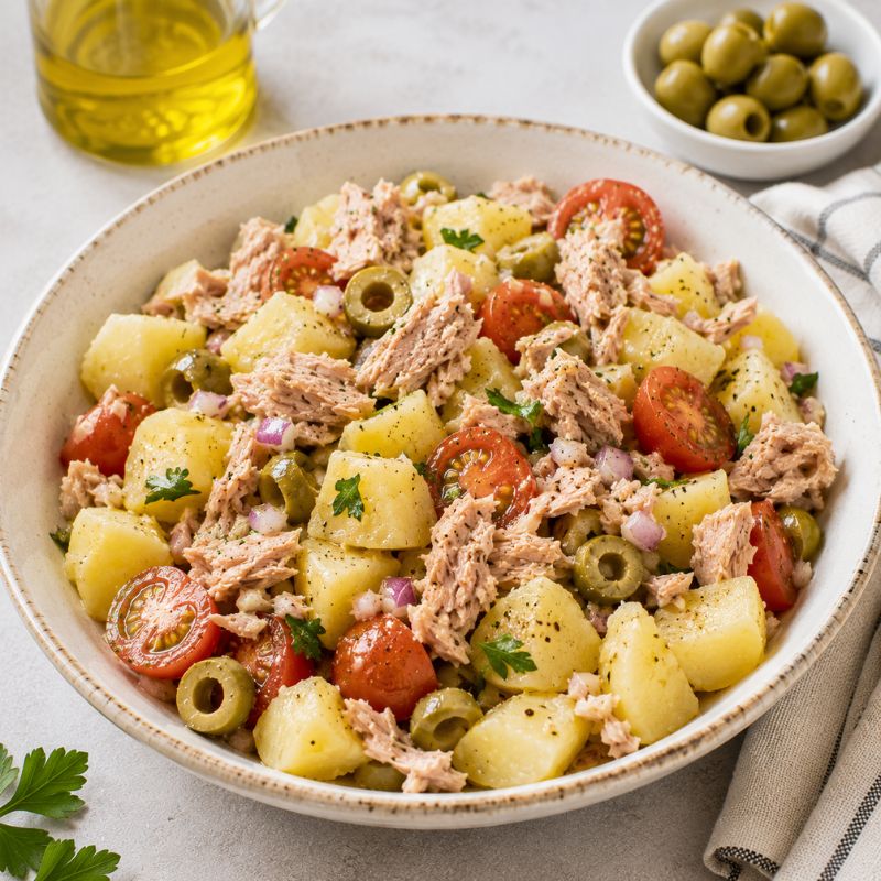 Patata cocida fría con atún, aceitunas y tomate