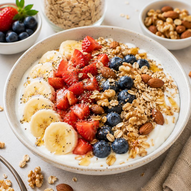 Tazón de yogur natural con fruta, frutos secos y avena