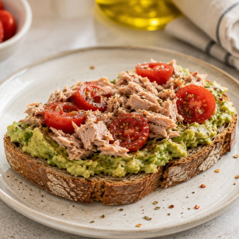 Tosta de hummus con tomate y sardinas