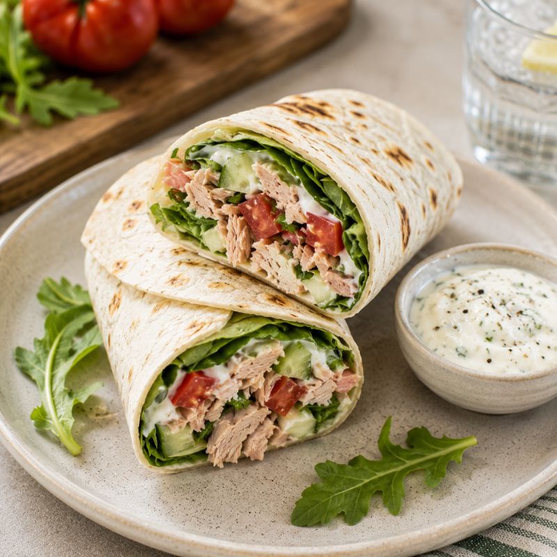 Wrap frio de pollo lechuga tomate y salsa de yogur