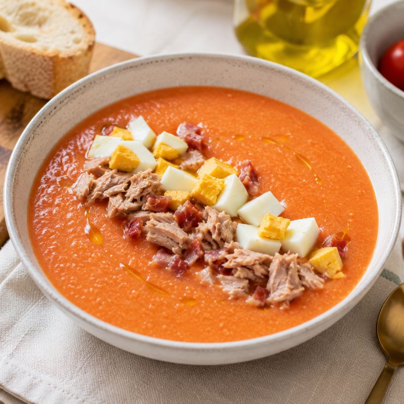 gazpacho con huevo cocido y atun