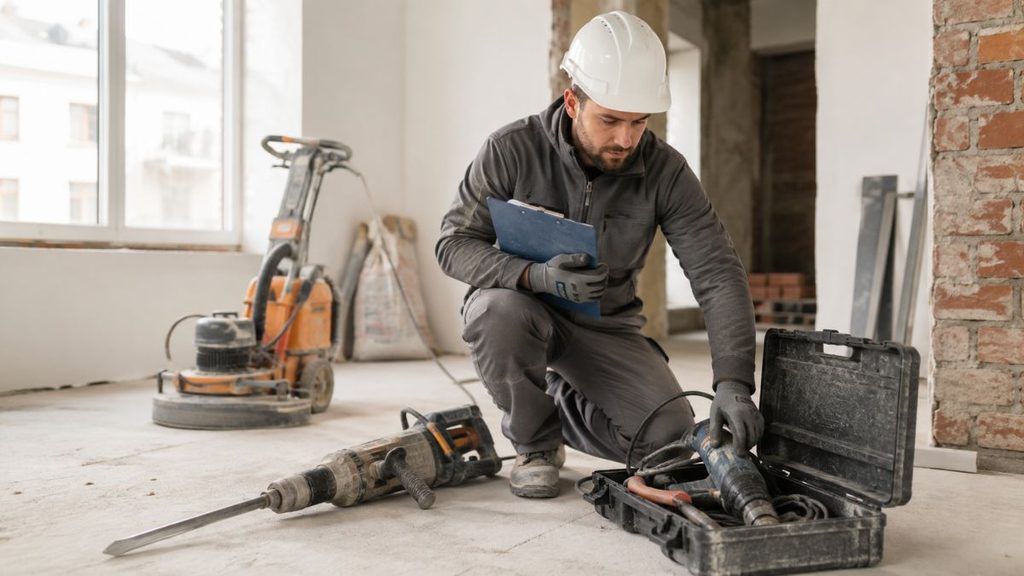 Qué conviene revisar antes de alquilar maquinaria para una obra o reforma en Madrid 1 Trabajador revisando herramientas en obra