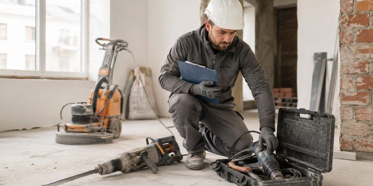 Trabajador revisando herramientas en obra