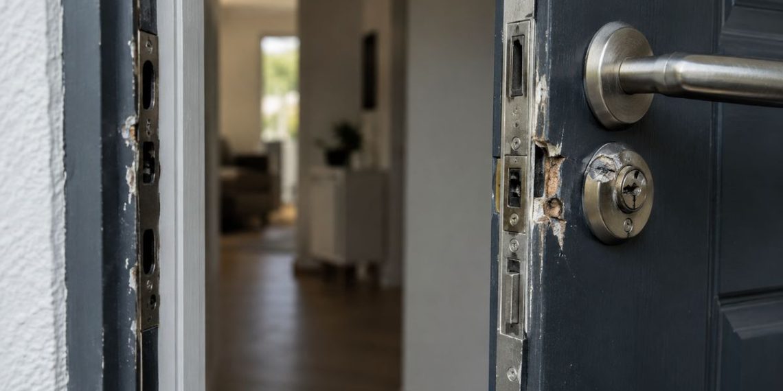cerradura danada en puerta entreabierta
