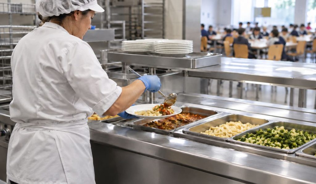 La Comunidad de Madrid resuelve las becas de comedor y abrirá una segunda convocatoria para familias excluidas por errores o plazos 1 sirviendo comida en comedor escolar