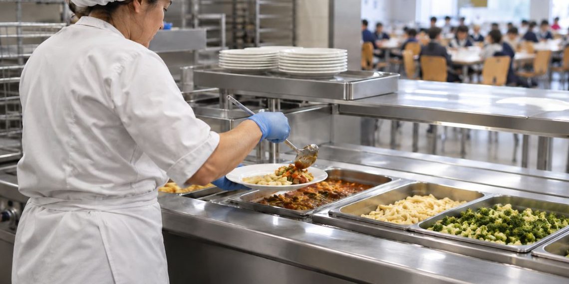 sirviendo comida en comedor escolar