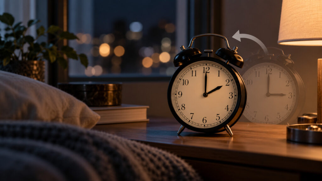 Reloj despertador de noche junto a una ventana, con una flecha que representa el retraso de las tres a las dos.