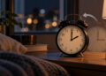Reloj despertador de noche junto a una ventana, con una flecha que representa el retraso de las tres a las dos.