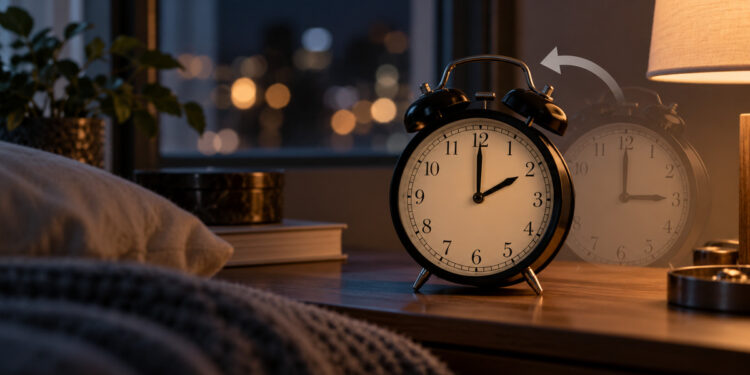 Reloj despertador de noche junto a una ventana, con una flecha que representa el retraso de las tres a las dos.