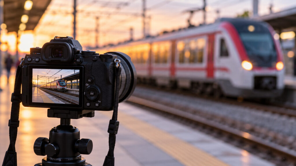 Cámara fotográfica en primer plano junto a un tren de Cercanías desenfocado en una estación genérica.