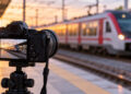 Renfe convoca un concurso de fotografía sobre Cercanías con un viaje para dos personas y una noche en el Parador de Alcalá 9 Cámara fotográfica en primer plano junto a un tren de Cercanías desenfocado en una estación genérica.