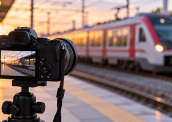 Cámara fotográfica en primer plano junto a un tren de Cercanías desenfocado en una estación genérica.