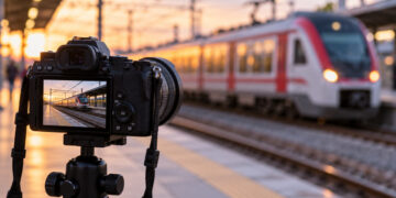 Cámara fotográfica en primer plano junto a un tren de Cercanías desenfocado en una estación genérica.