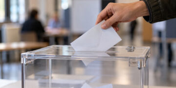 Una mano introduce un sobre de votación en una urna electoral transparente en un colegio electoral