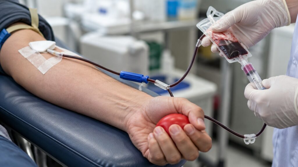 Primer plano de una donación de sangre con brazo del donante y personal sanitario sin rostros visibles