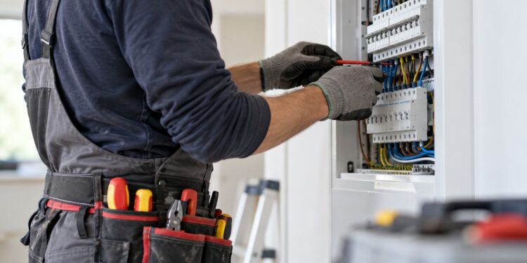 Electricista trabajando con herramientas en un cuadro eléctrico, sin mostrar el rostro
