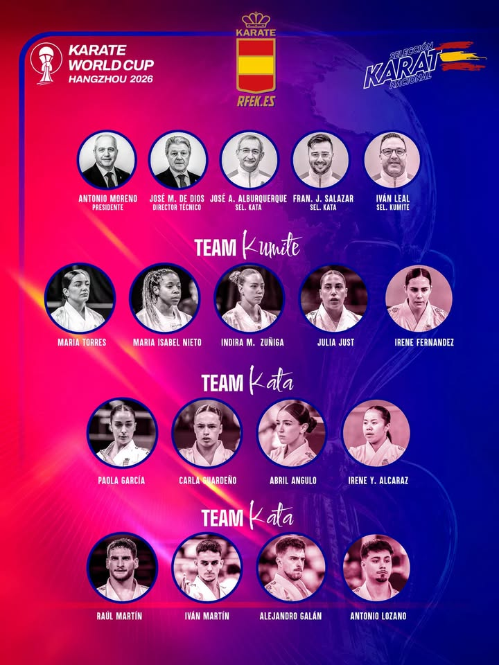 Cartel oficial de la selección española para la Copa del Mundo de kárate Hangzhou 2026, con los alcalaínos Raúl Martín y Alejandro Galán en el equipo masculino de kata