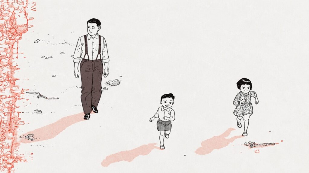 La Universidad de Alcalá dedica una sesión de su club de lectura de cómic a la obra de Jirō Taniguchi 1 Ilustración en blanco y negro con tonos rosados de un hombre y dos niños caminando, inspirada en la obra de Jirō Taniguchi.