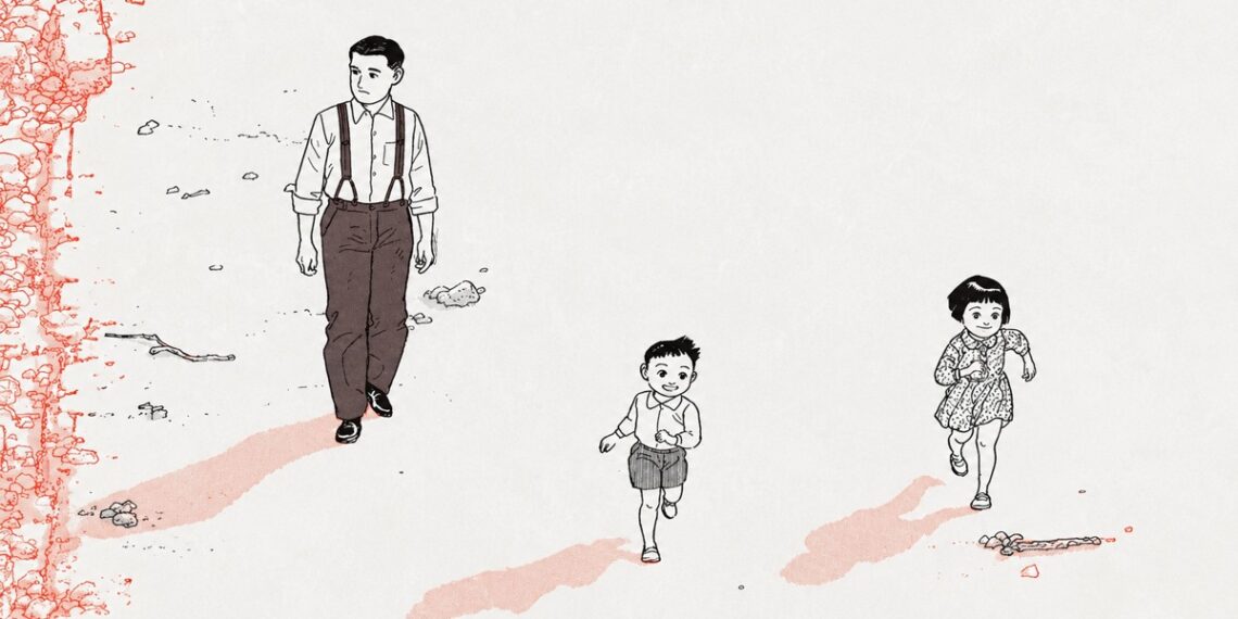 Ilustración en blanco y negro con tonos rosados de un hombre y dos niños caminando, inspirada en la obra de Jirō Taniguchi.