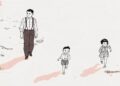 Ilustración en blanco y negro con tonos rosados de un hombre y dos niños caminando, inspirada en la obra de Jirō Taniguchi.