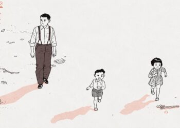 La Universidad de Alcalá dedica una sesión de su club de lectura de cómic a la obra de Jirō Taniguchi 2 Ilustración en blanco y negro con tonos rosados de un hombre y dos niños caminando, inspirada en la obra de Jirō Taniguchi.