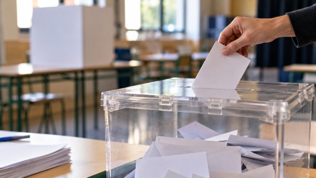 Mano depositando un sobre blanco en una urna electoral transparente en un aula, sin rostros visibles