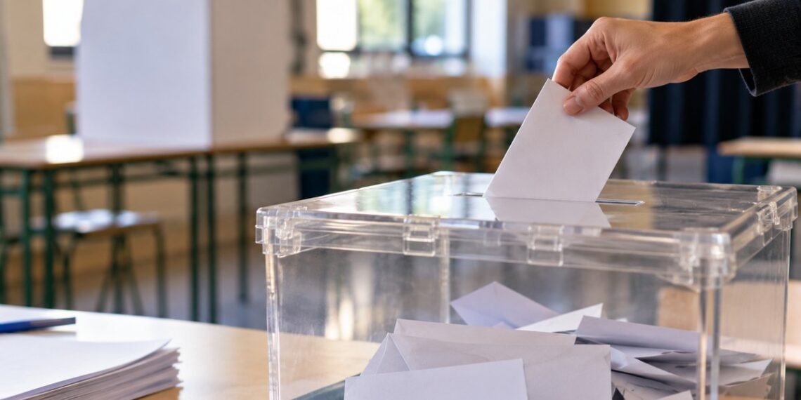 Mano depositando un sobre blanco en una urna electoral transparente en un aula, sin rostros visibles