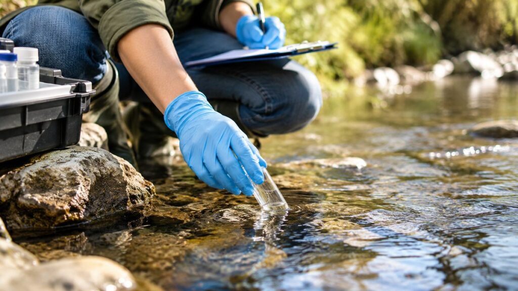 La Universidad de Alcalá ofrece once cursos gratuitos para mejorar el empleo en sectores relacionados con el medio ambiente 1 Profesional ambiental tomando una muestra de agua de un arroyo durante un trabajo de campo, sin mostrar el rostro