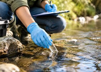 La Universidad de Alcalá ofrece once cursos gratuitos para mejorar el empleo en sectores relacionados con el medio ambiente 2 Profesional ambiental tomando una muestra de agua de un arroyo durante un trabajo de campo, sin mostrar el rostro