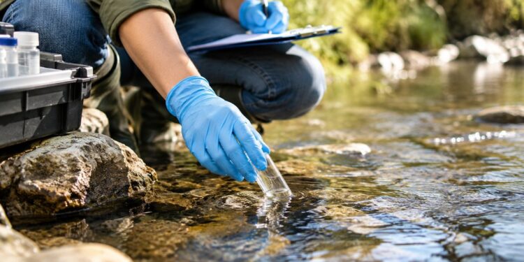 Profesional ambiental tomando una muestra de agua de un arroyo durante un trabajo de campo, sin mostrar el rostro